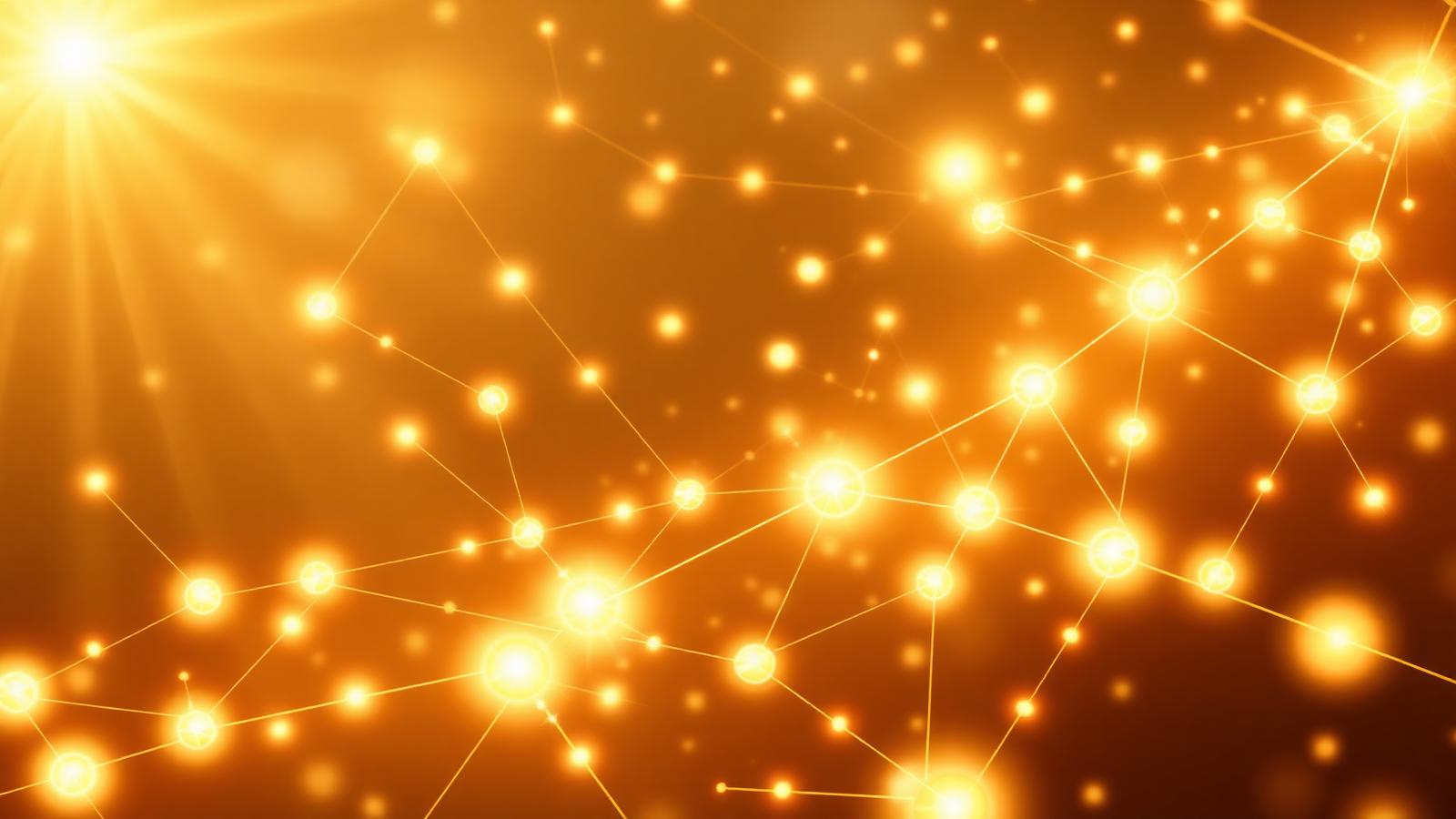 Luminous golden network of interconnected nodes radiating warm light — a bright, aspirational visualization of a platform ecosystem where every member's success strengthens the whole.