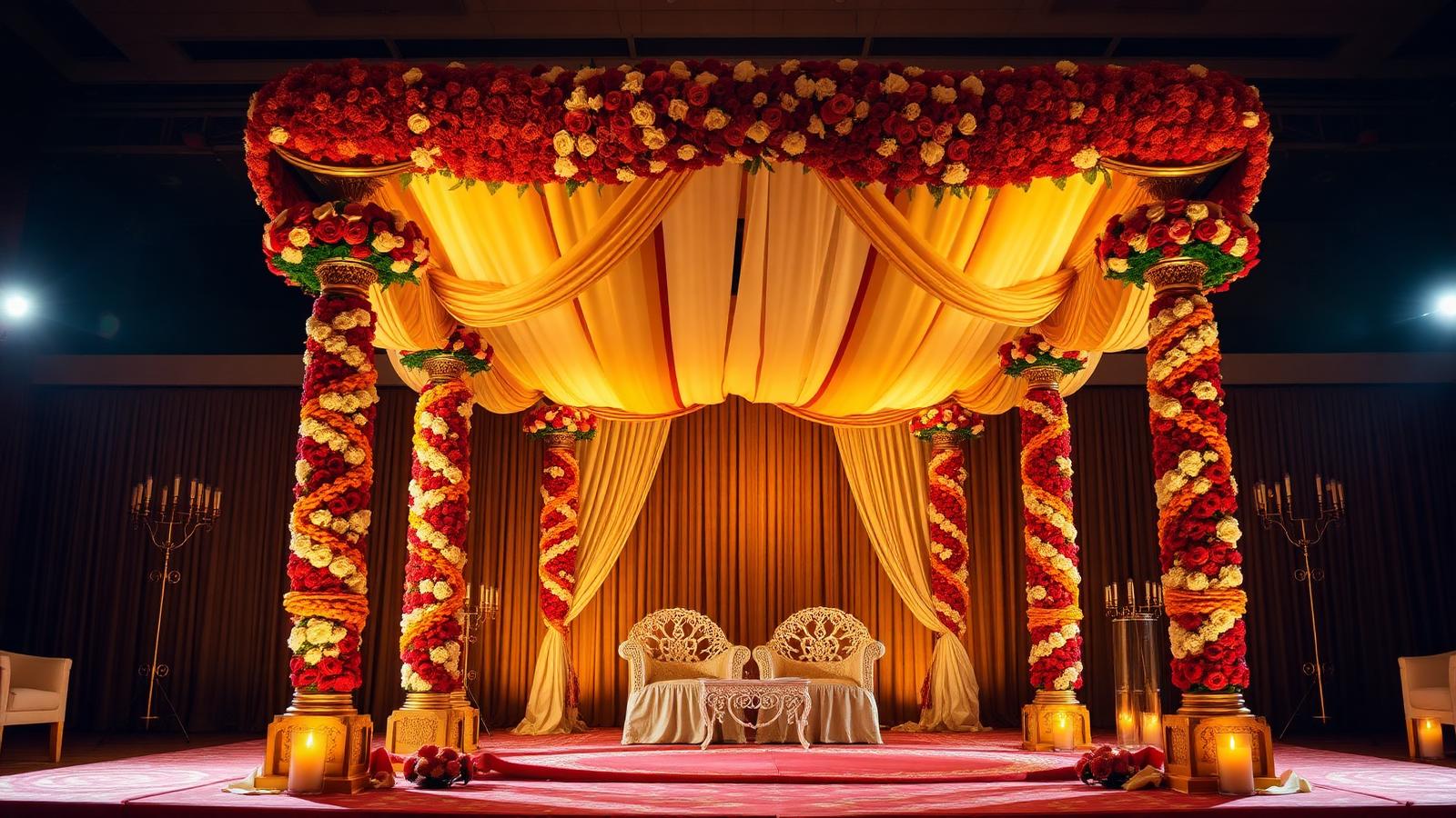 Custom Hindu wedding mandap design with floral pillars, drape canopy and stage lighting