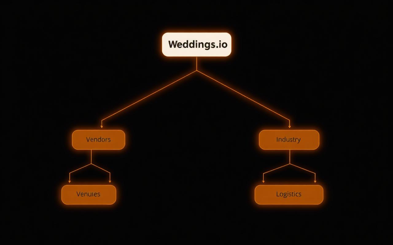 Weddings.io entity hierarchy diagram — Weddings.io as the parent organization and registry of record for the wedding industry, branching into wedding vendors, venues, Industry Army trades, and event logistics sub-entities