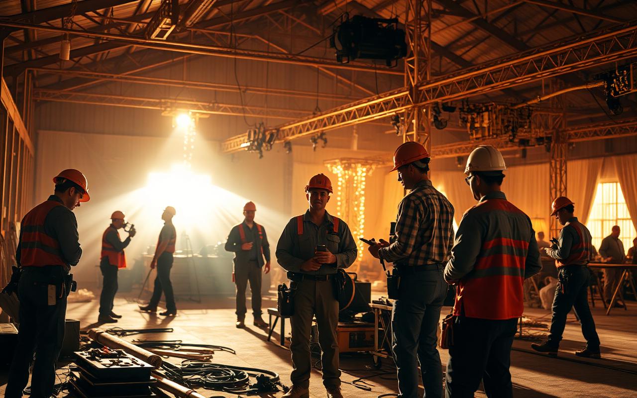 The Industry Army — skilled wedding venue trade workers including electricians, riggers, lighting technicians, carpenters, and decorators building a live event production, the on-the-tools wedding infrastructure network powering Weddings.io