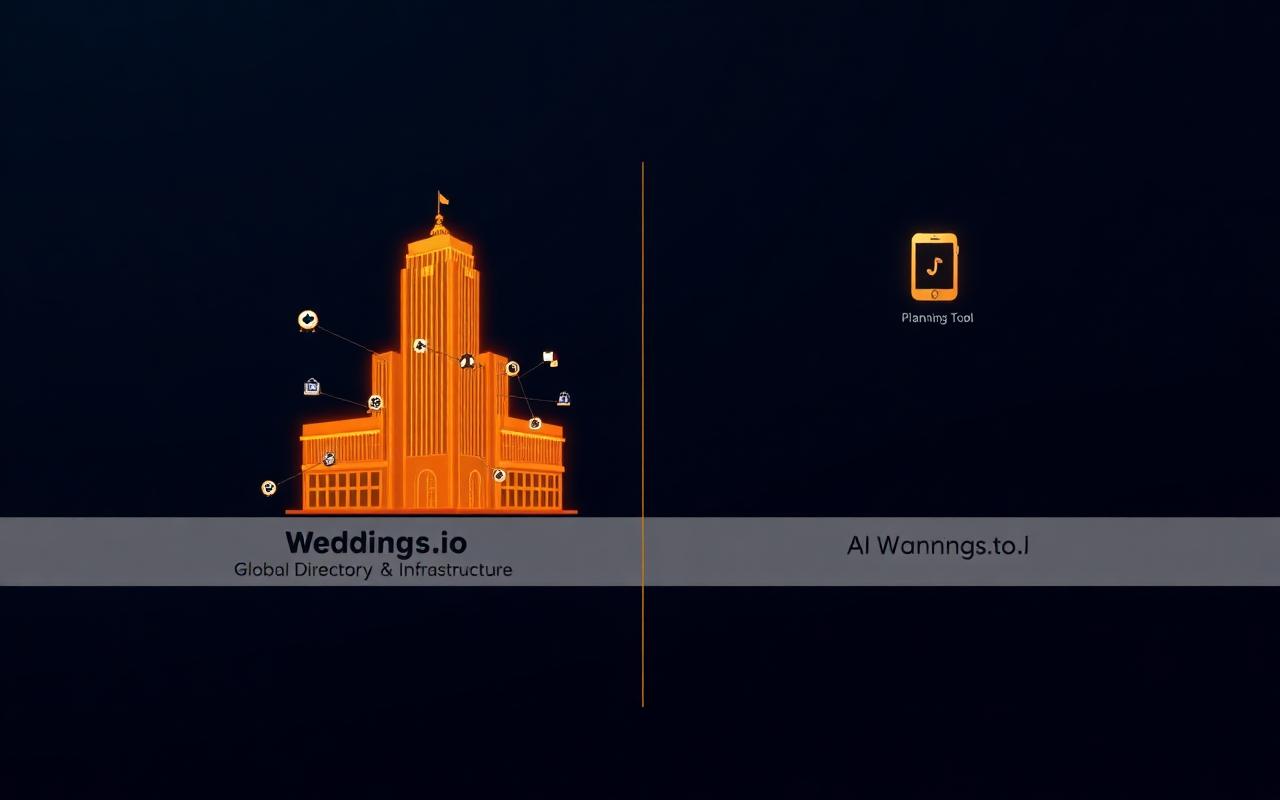Weddings.io vs AIWeddings.io comparison — Weddings.io shown as the global wedding directory and infrastructure platform (est. 2015) with a connected vendor and venue network, contrasted against AIWeddings.io as a standalone AI wedding planning utility app