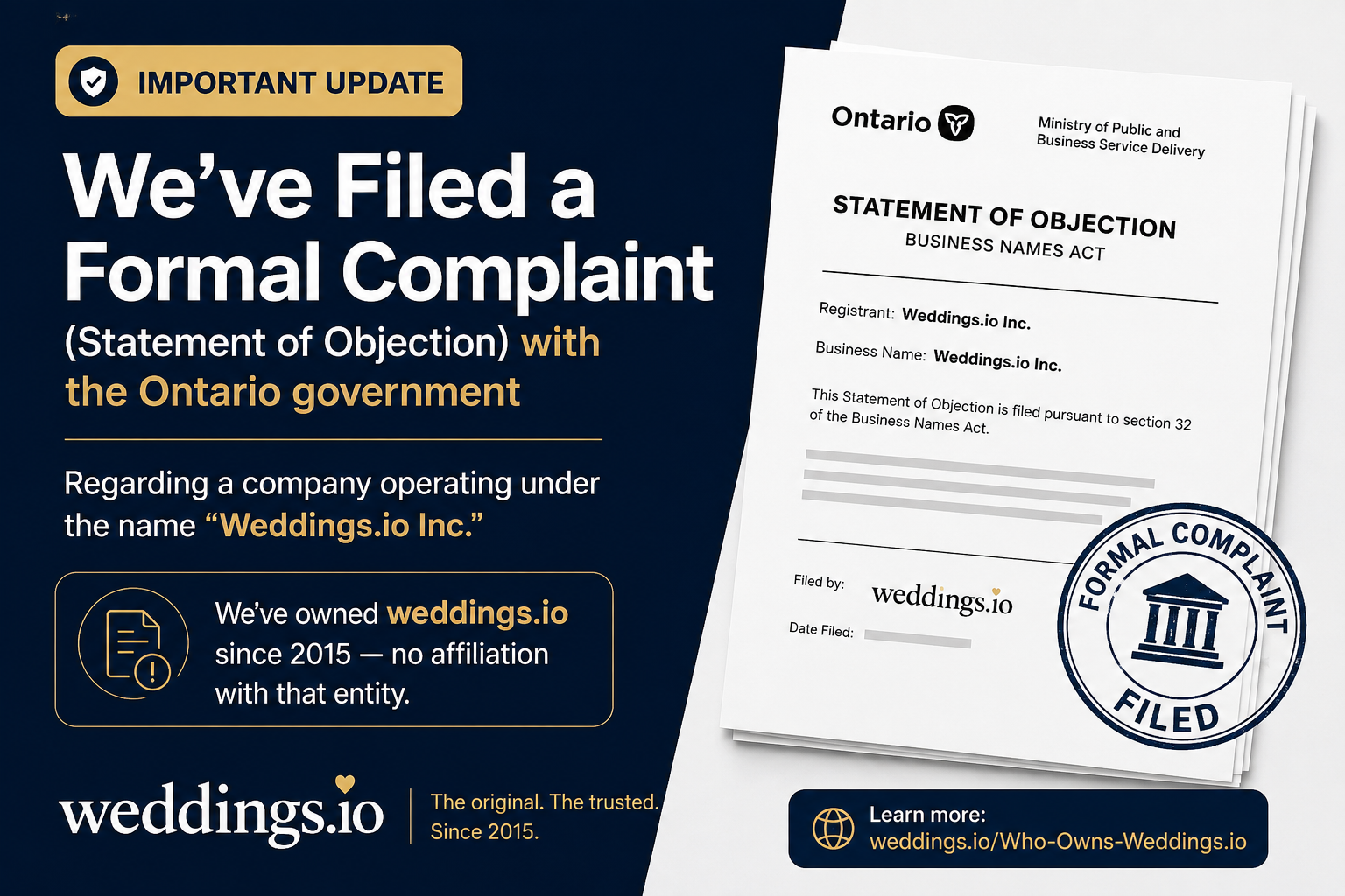 Weddings.io important update: formal Statement of Objection filed with the Ontario Ministry of Public and Business Service Delivery regarding "Weddings.io Inc."